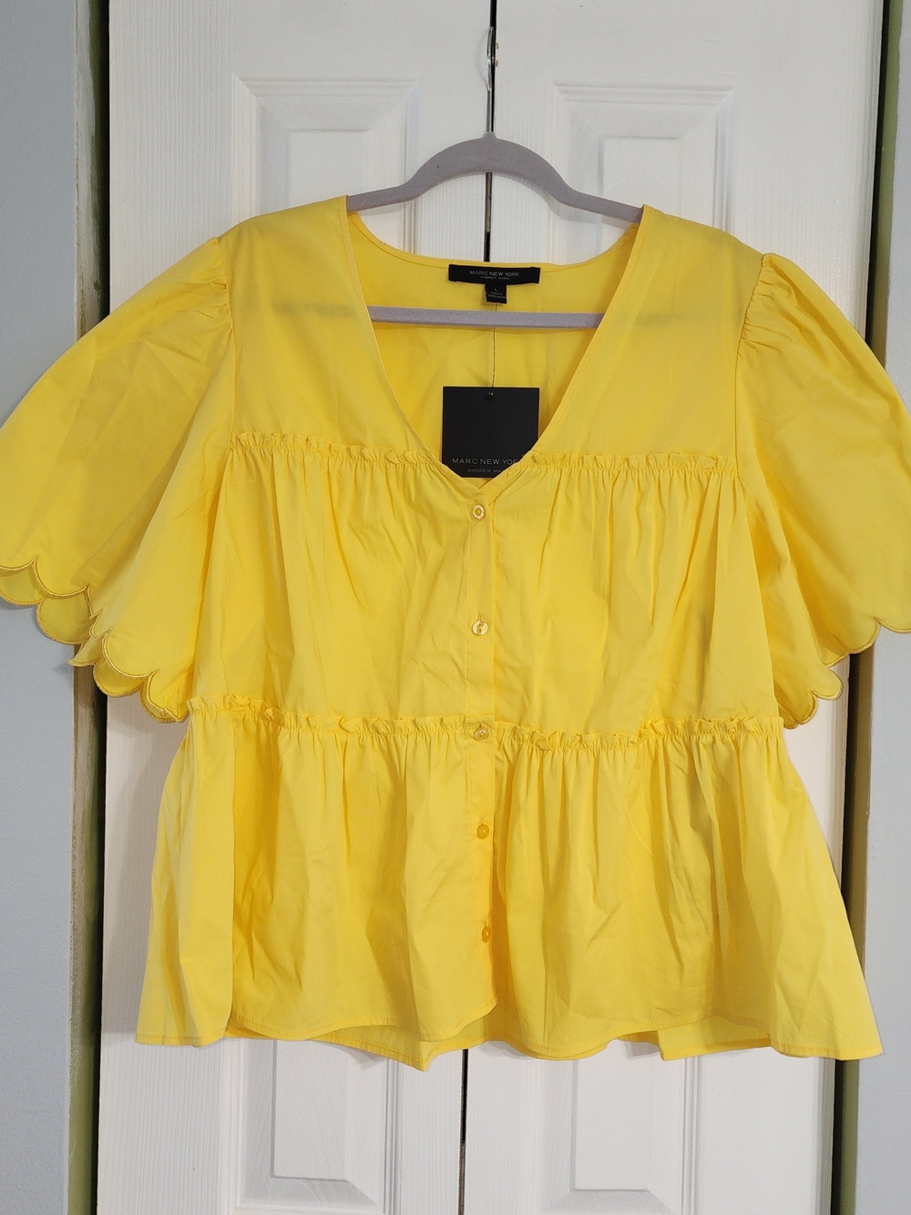 Marc New York Bright Yellow Peplum Button-Front Blouse Babydoll Boho Size L